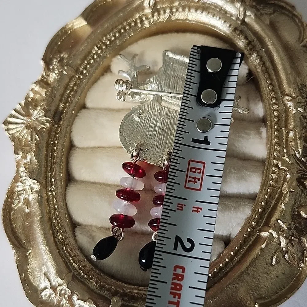 Vintage Christmas Snowman Enameled Brooch Dangle Beads Silver,Red ,White,Black,